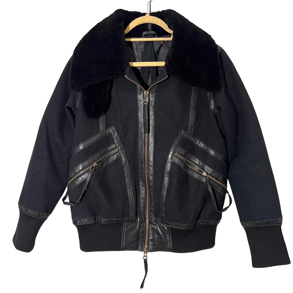 Nicholas K Aviator Bomber Jacket Womens S Black Leather Shearling Trim Luxury